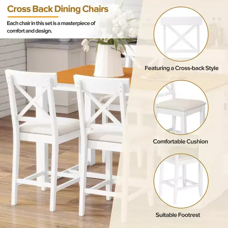 Farmhouse 5 Pieces Counter Height Dining Set for 4, Wooden Bar Table Set with Storage Shelves and 4 Upholstered Chairs