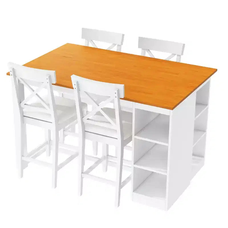 Farmhouse 5 Pieces Counter Height Dining Set for 4, Wooden Bar Table Set with Storage Shelves and 4 Upholstered Chairs