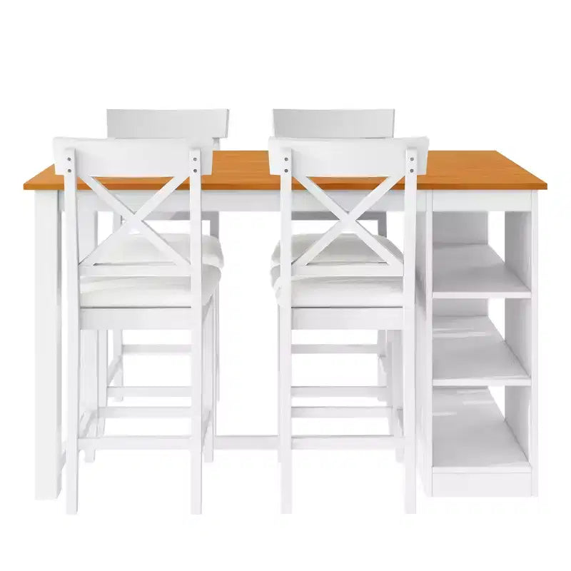 Farmhouse 5 Pieces Counter Height Dining Set for 4, Wooden Bar Table Set with Storage Shelves and 4 Upholstered Chairs