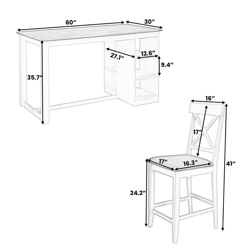 Farmhouse 5 Pieces Counter Height Dining Set for 4, Wooden Bar Table Set with Storage Shelves and 4 Upholstered Chairs
