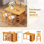 Farmhouse 5 Pieces Counter Height Dining Set for 4, Wooden Bar Table Set with Storage Shelves and 4 Upholstered Chairs