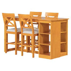 Farmhouse 5 Pieces Counter Height Dining Set for 4, Wooden Bar Table Set with Storage Shelves and 4 Upholstered Chairs