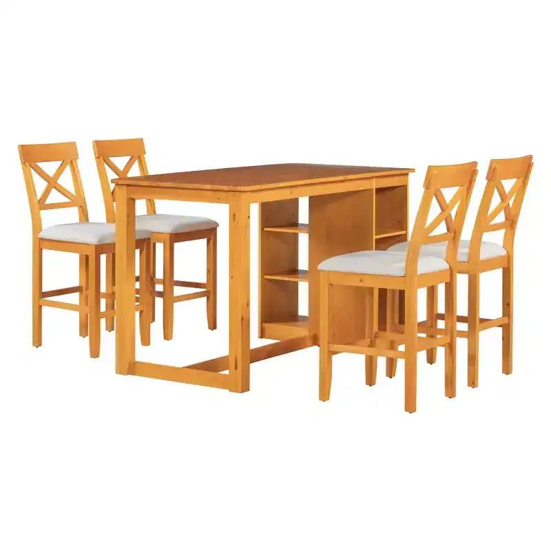 Farmhouse 5 Pieces Counter Height Dining Set for 4, Wooden Bar Table Set with Storage Shelves and 4 Upholstered Chairs