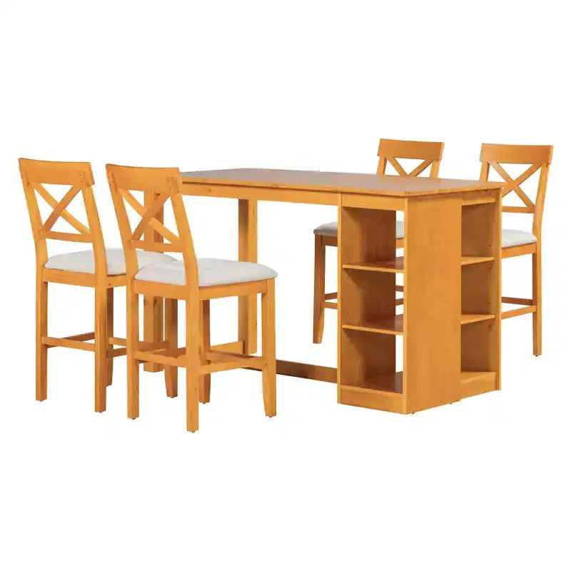 Farmhouse 5 Pieces Counter Height Dining Set for 4, Wooden Bar Table Set with Storage Shelves and 4 Upholstered Chairs