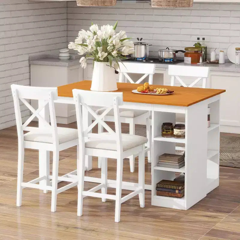 Farmhouse 5 Pieces Counter Height Dining Set for 4, Wooden Bar Table Set with Storage Shelves and 4 Upholstered Chairs