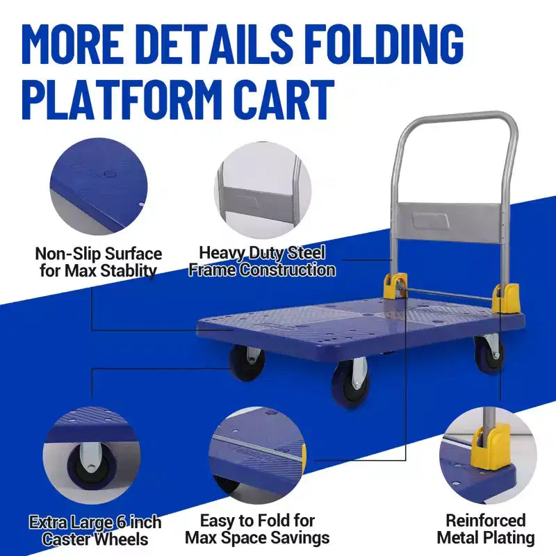 Heavy-Duty Folding Platform Truck Cart, 48 x 24 Flatbed Steel Dolly with Rubber Wheels, 2000 lb Capacity for Warehouse, Office & Workshop
