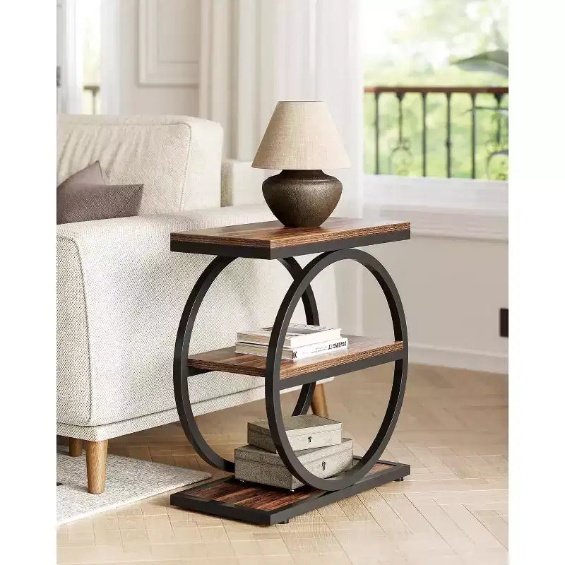 Lantine End Table, 3-Tier Side Table, Slim Sofa Side Table for Living Room, Tall Bedside Table Nightstand for Bedroom, Rustic Brown and Black