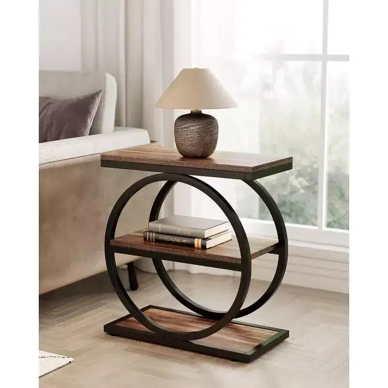 Lantine End Table, 3-Tier Side Table, Slim Sofa Side Table for Living Room, Tall Bedside Table Nightstand for Bedroom, Rustic Brown and Black