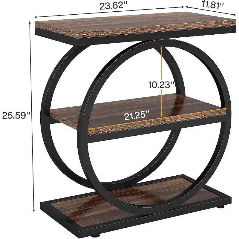 Tavolino stretto Lantine con 3 ripiani, tavolino da divano piccolo industriale con struttura in metallo nero per soggiorno, comodino sottile per camera da letto