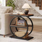 Tavolino stretto Lantine con 3 ripiani, tavolino da divano piccolo industriale con struttura in metallo nero per soggiorno, comodino sottile per camera da letto
