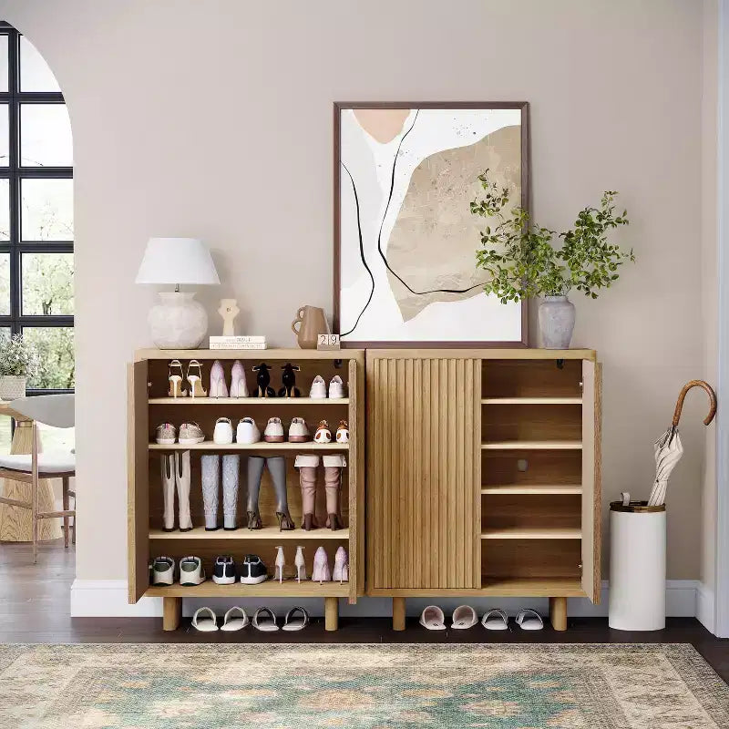 41.5 Rustic Fluted Door Shoe Cabinet - 5-Tier Entryway Bench with 4 Adjustable Shelves for Hallway & Foyer Storage