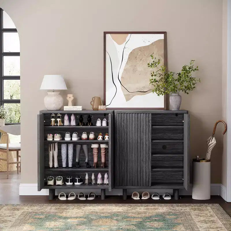 41.5 Rustic Fluted Door Shoe Cabinet - 5-Tier Entryway Bench with 4 Adjustable Shelves for Hallway & Foyer Storage