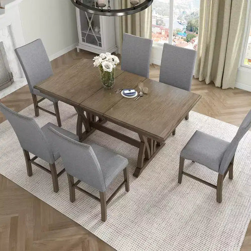 7 Pieces Extendable Dining Table Set for 6, Farmhouse Kitchen Table Set with 6 Upholstered Chairs for Dining Room, Gray