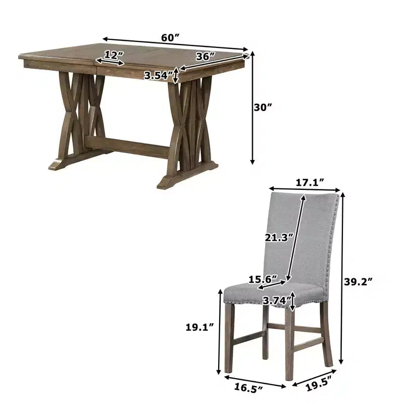 7 Pieces Extendable Dining Table Set for 6, Farmhouse Kitchen Table Set with 6 Upholstered Chairs for Dining Room, Gray