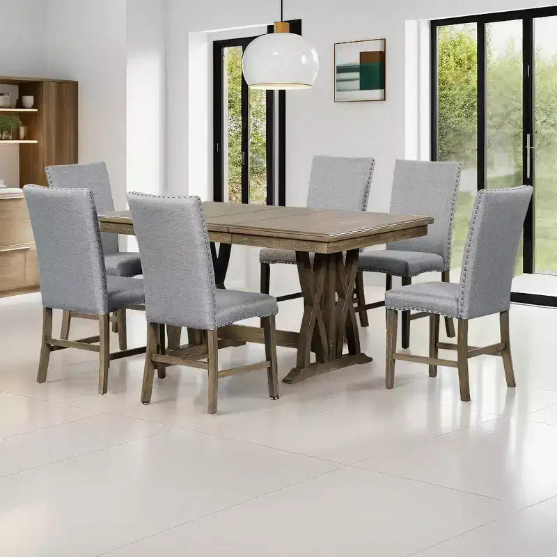 7 Pieces Extendable Dining Table Set for 6, Farmhouse Kitchen Table Set with 6 Upholstered Chairs for Dining Room, Gray