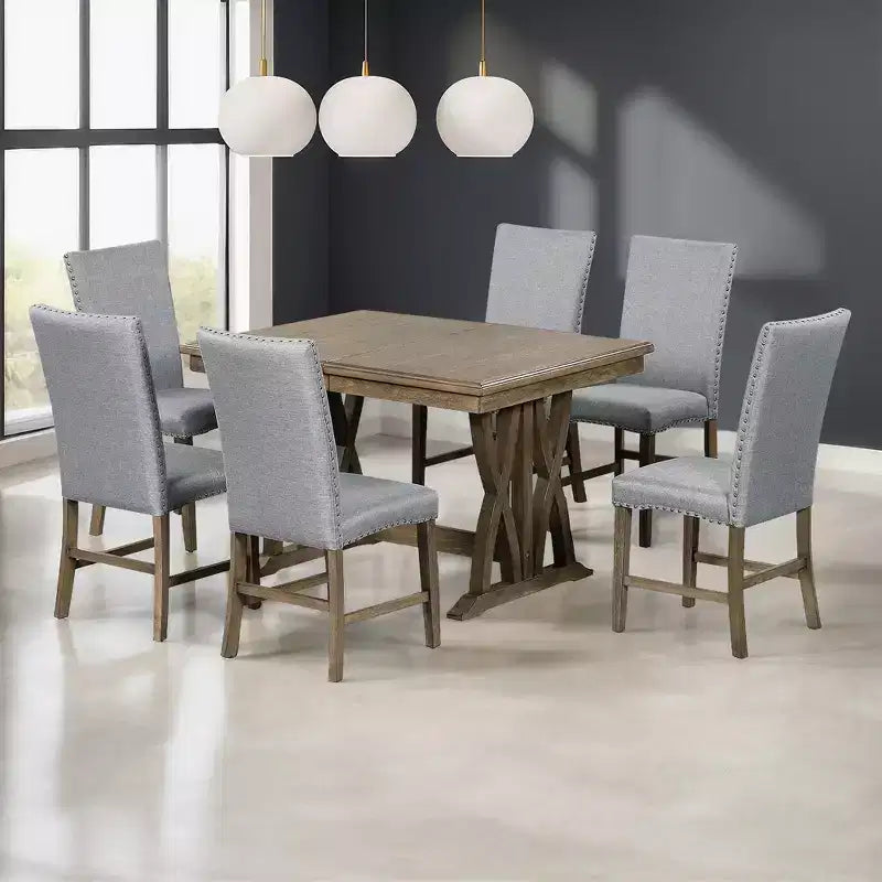 7 Pieces Extendable Dining Table Set for 6, Farmhouse Kitchen Table Set with 6 Upholstered Chairs for Dining Room, Gray