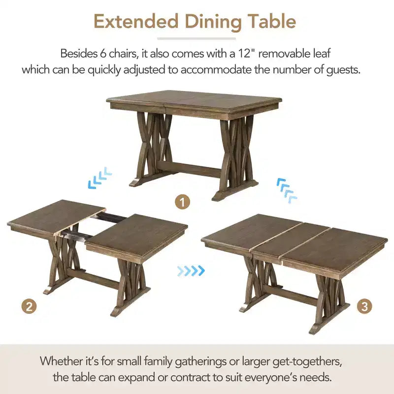 7 Pieces Extendable Dining Table Set for 6, Farmhouse Kitchen Table Set with 6 Upholstered Chairs for Dining Room, Gray