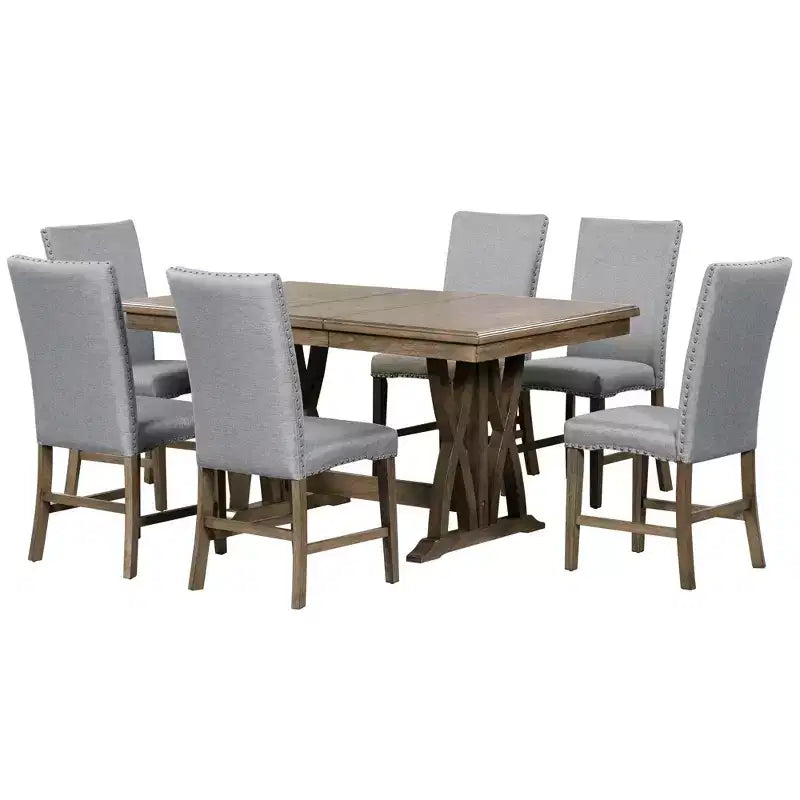 7 Pieces Extendable Dining Table Set for 6, Farmhouse Kitchen Table Set with 6 Upholstered Chairs for Dining Room, Gray