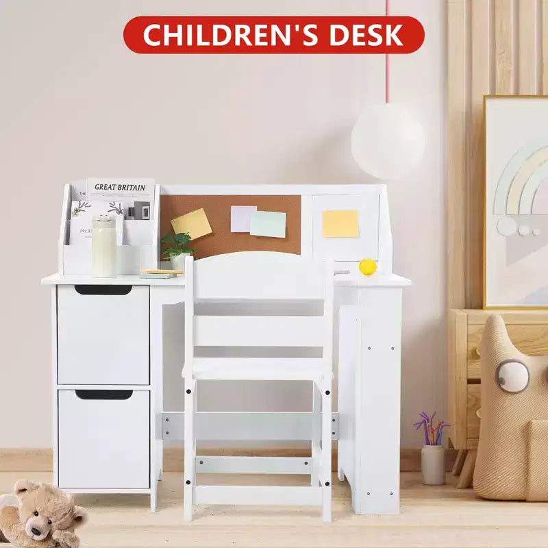 Scrivania e sedia per bambini  Tavolo da studio in legno con mobiletto contenitore e bacheca per casa/scuola