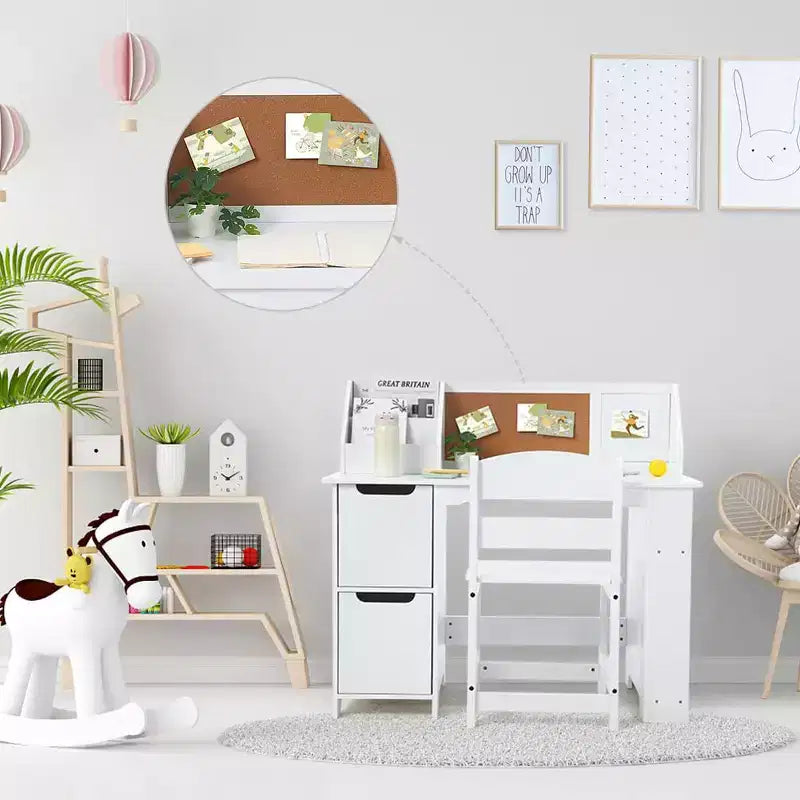 Scrivania e sedia per bambini  Tavolo da studio in legno con mobiletto contenitore e bacheca per casa/scuola