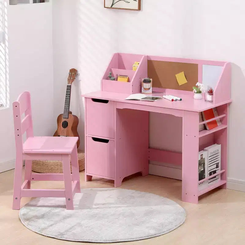 Scrivania e sedia per bambini  Tavolo da studio in legno con mobiletto contenitore e bacheca per casa/scuola