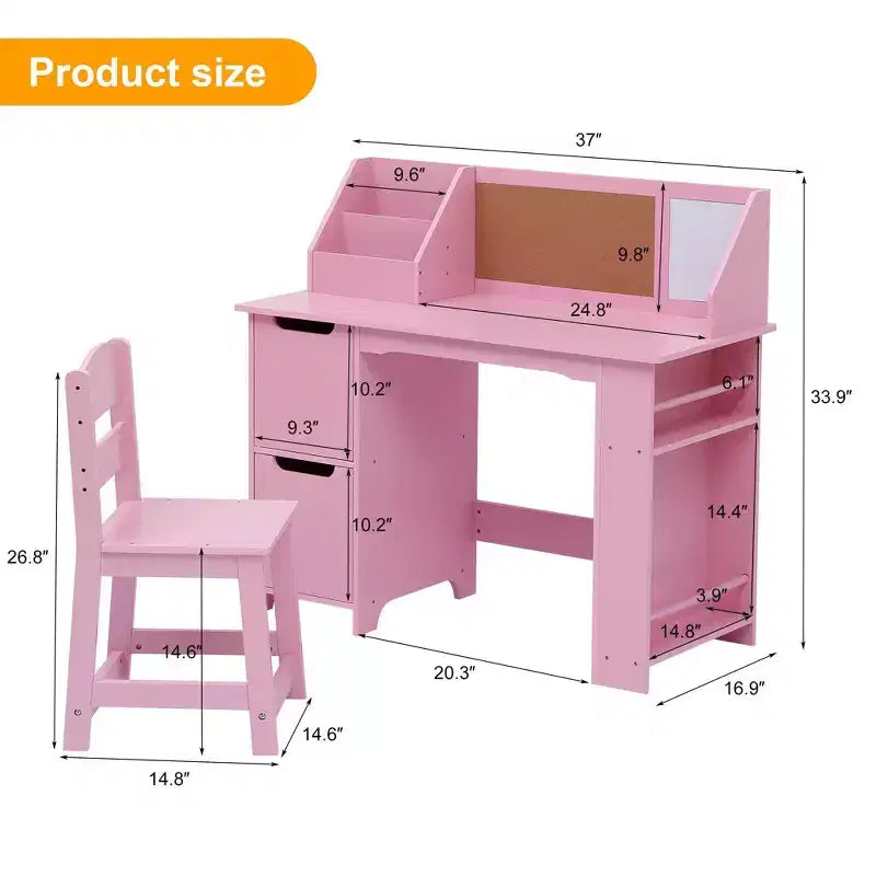 Scrivania e sedia per bambini  Tavolo da studio in legno con mobiletto contenitore e bacheca per casa/scuola