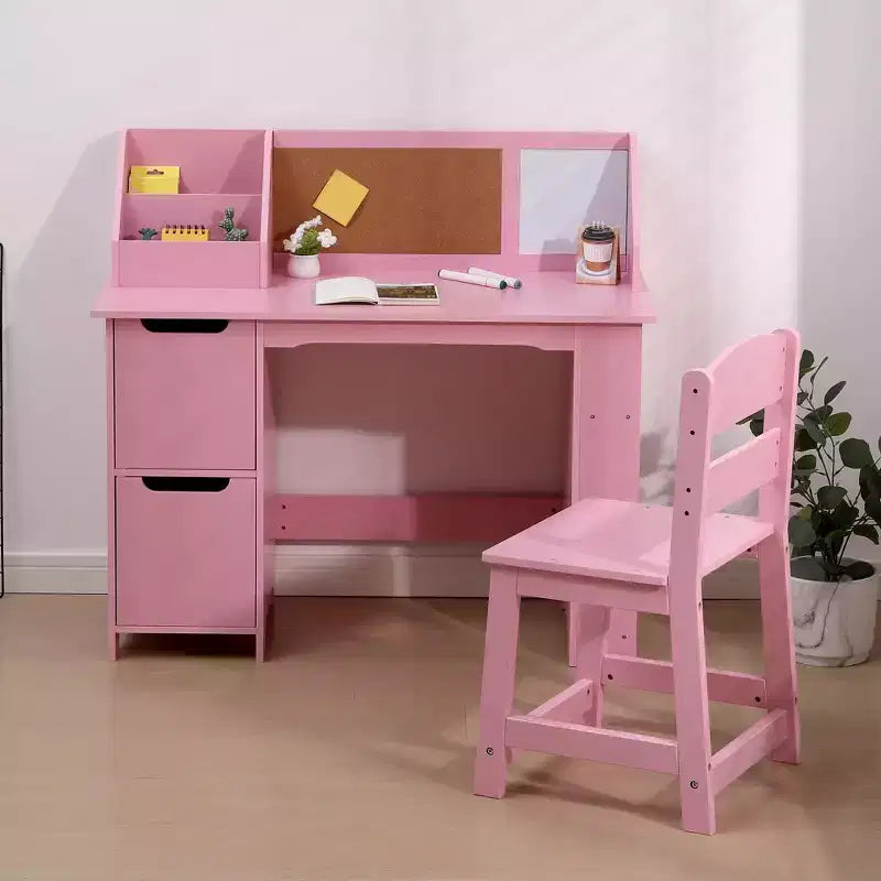 Kids Desk & Chair Set  Wooden Study Table with Storage Hutch & Bulletin Board for Home/School