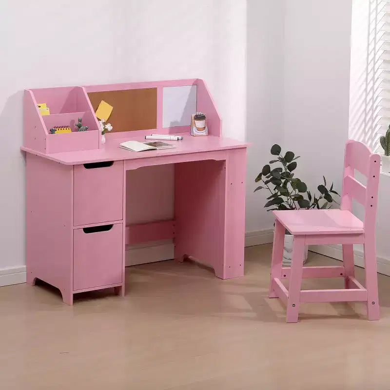 Scrivania e sedia per bambini  Tavolo da studio in legno con mobiletto contenitore e bacheca per casa/scuola