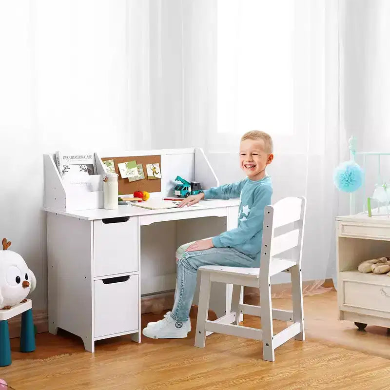 Scrivania e sedia per bambini  Tavolo da studio in legno con mobiletto contenitore e bacheca per casa/scuola