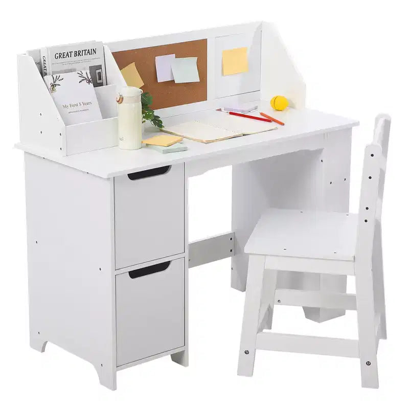 Kids Desk & Chair Set  Wooden Study Table with Storage Hutch & Bulletin Board for Home/School
