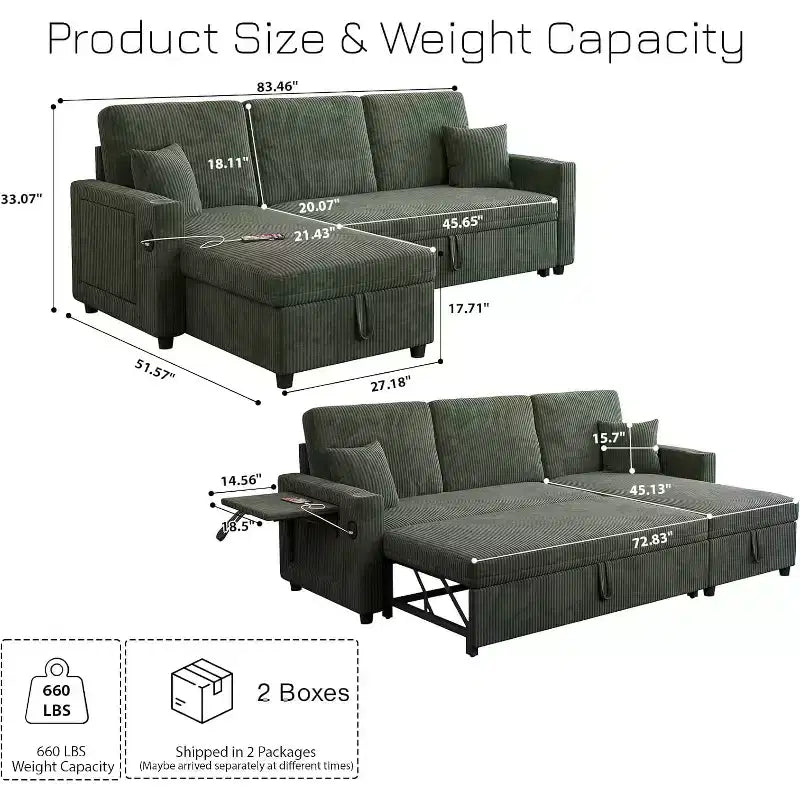 MooxvMoo Divano Letto Convertibile 83 con Contenitore e Porta USB, Divano a L 4 in 1 con Letto Estraibile, Tavolino Laterale, Portabicchieri, Verde