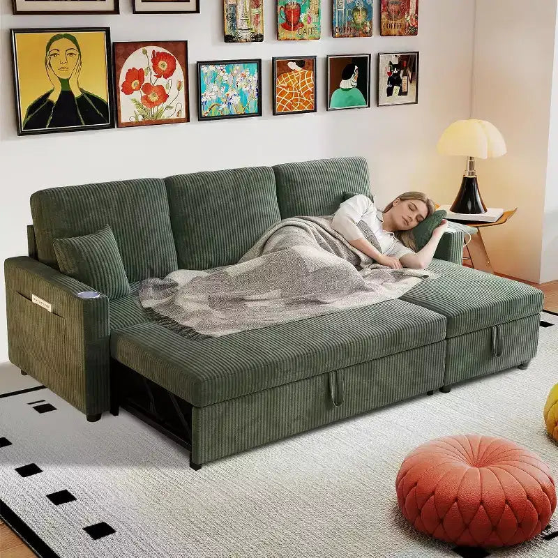 MooxvMoo Divano Letto Convertibile 83 con Contenitore e Porta USB, Divano a L 4 in 1 con Letto Estraibile, Tavolino Laterale, Portabicchieri, Verde