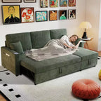MooxvMoo Divano Letto Convertibile 83 con Contenitore e Porta USB, Divano a L 4 in 1 con Letto Estraibile, Tavolino Laterale, Portabicchieri, Verde