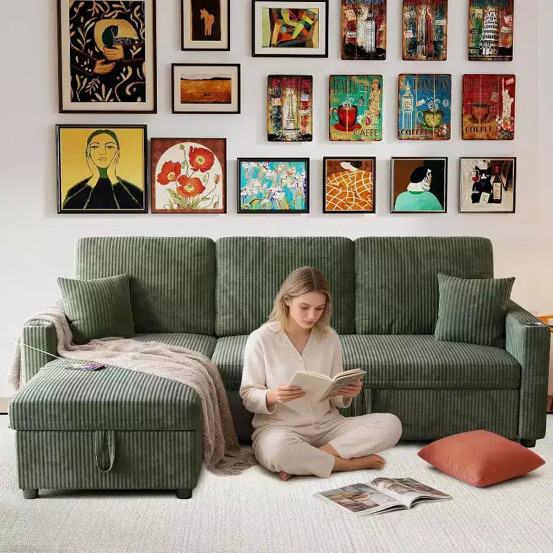 MooxvMoo Divano Letto Convertibile 83 con Contenitore e Porta USB, Divano a L 4 in 1 con Letto Estraibile, Tavolino Laterale, Portabicchieri, Verde