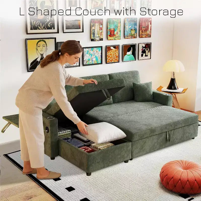MooxvMoo Divano Letto Convertibile 83 con Contenitore e Porta USB, Divano a L 4 in 1 con Letto Estraibile, Tavolino Laterale, Portabicchieri, Verde