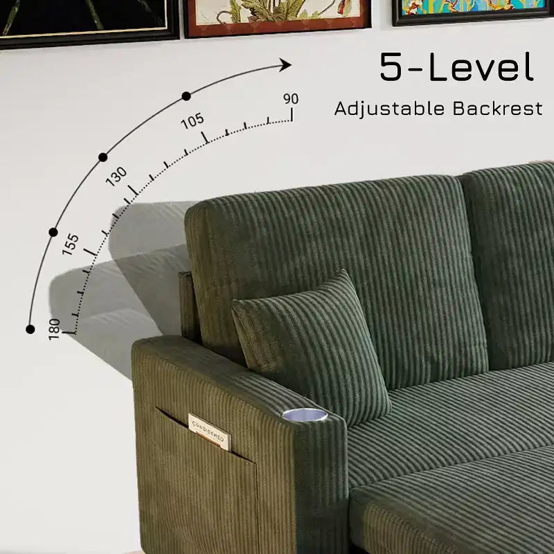 MooxvMoo Divano Letto Convertibile 83 con Contenitore e Porta USB, Divano a L 4 in 1 con Letto Estraibile, Tavolino Laterale, Portabicchieri, Verde