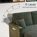 MooxvMoo Divano Letto Convertibile 83 con Contenitore e Porta USB, Divano a L 4 in 1 con Letto Estraibile, Tavolino Laterale, Portabicchieri, Verde