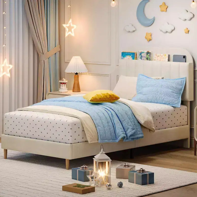 Bed Frames, Upholstered Platform Bed Frame with Bookcase Headboard, Heavy Duty Steel Support Legs, Easy Assembly, Noise Free