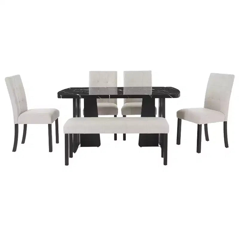 Faux Marble Dining Table Set for 6, 6 Pieces Rectangle Dining Table with 4 Upholstered Chairs & 1 Bench for Dining Room