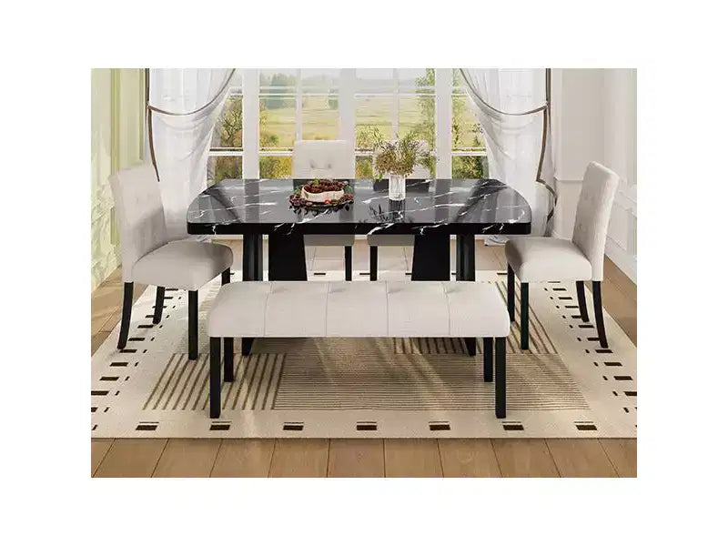 Faux Marble Dining Table Set for 6, 6 Pieces Rectangle Dining Table with 4 Upholstered Chairs & 1 Bench for Dining Room