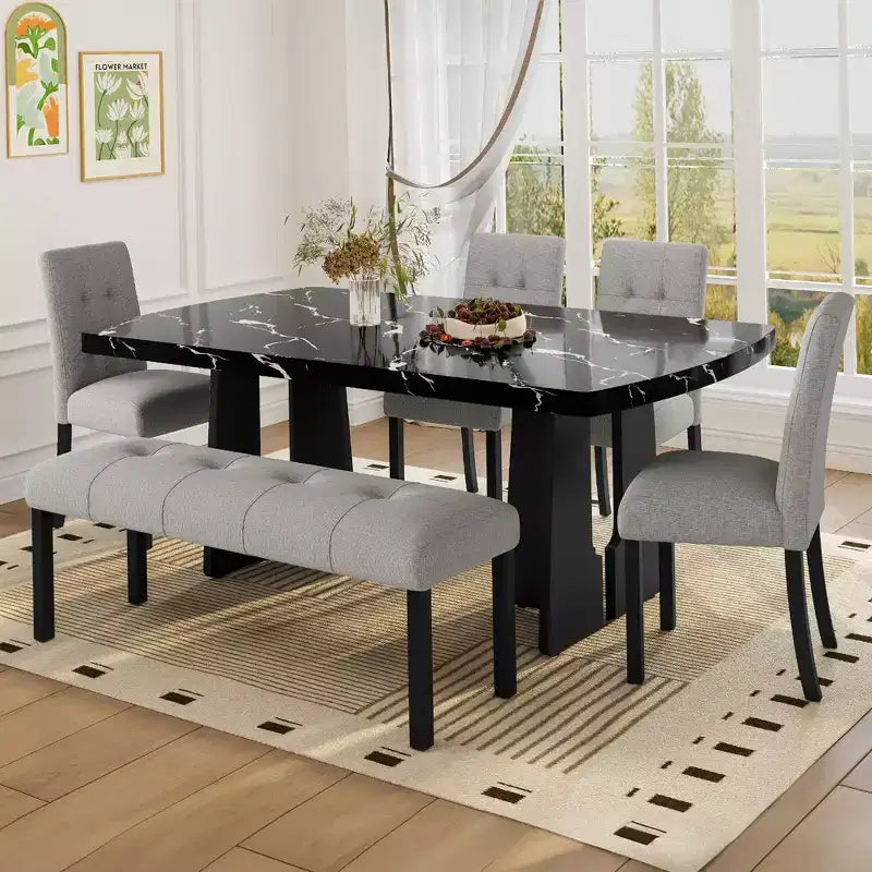 Faux Marble Dining Table Set for 6, 6 Pieces Rectangle Dining Table with 4 Upholstered Chairs & 1 Bench for Dining Room