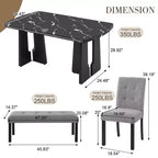 Faux Marble Dining Table Set for 6, 6 Pieces Rectangle Dining Table with 4 Upholstered Chairs & 1 Bench for Dining Room