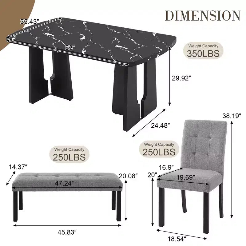 Faux Marble Dining Table Set for 6, 6 Pieces Rectangle Dining Table with 4 Upholstered Chairs & 1 Bench for Dining Room