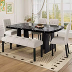 Faux Marble Dining Table Set for 6, 6 Pieces Rectangle Dining Table with 4 Upholstered Chairs & 1 Bench for Dining Room