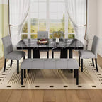 Faux Marble Dining Table Set for 6, 6 Pieces Rectangle Dining Table with 4 Upholstered Chairs & 1 Bench for Dining Room