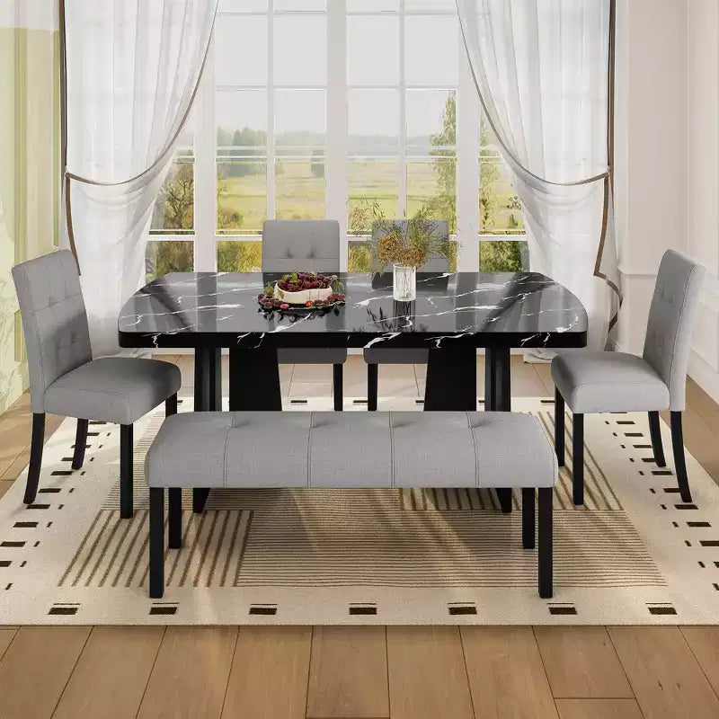Faux Marble Dining Table Set for 6, 6 Pieces Rectangle Dining Table with 4 Upholstered Chairs & 1 Bench for Dining Room