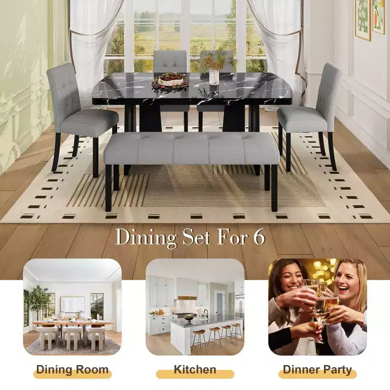 Faux Marble Dining Table Set for 6, 6 Pieces Rectangle Dining Table with 4 Upholstered Chairs & 1 Bench for Dining Room