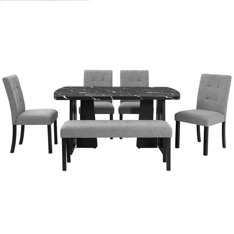 Faux Marble Dining Table Set for 6, 6 Pieces Rectangle Dining Table with 4 Upholstered Chairs & 1 Bench for Dining Room