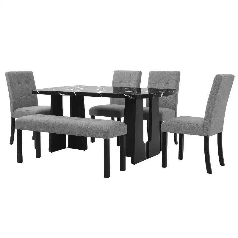 Faux Marble Dining Table Set for 6, 6 Pieces Rectangle Dining Table with 4 Upholstered Chairs & 1 Bench for Dining Room