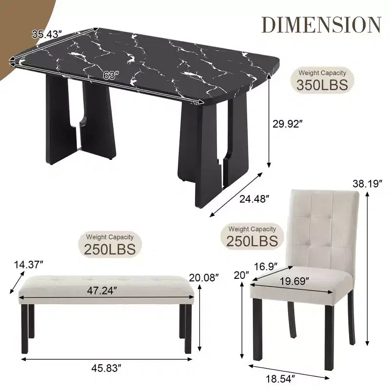 Faux Marble Dining Table Set for 6, 6 Pieces Rectangle Dining Table with 4 Upholstered Chairs & 1 Bench for Dining Room